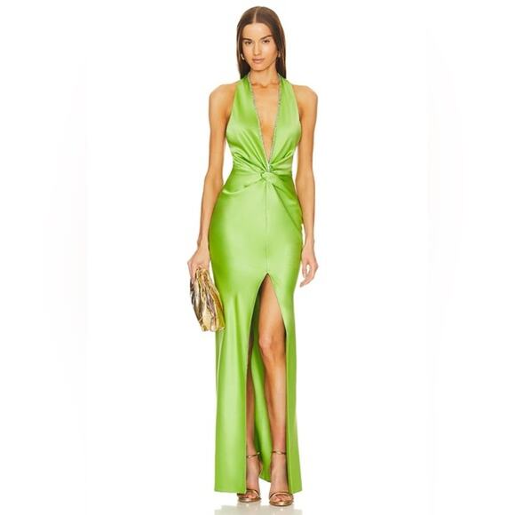 KHANUMS‎ X Revolve Halter Gown With Slit in Pear Green Size Small - Picture 2 of 12